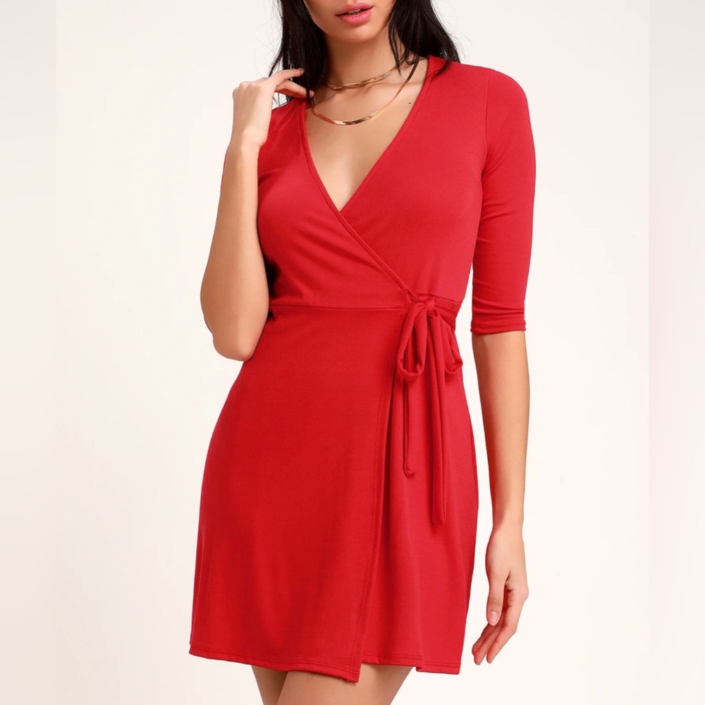 Red Three-Quarter Sleeve Wrap Dress